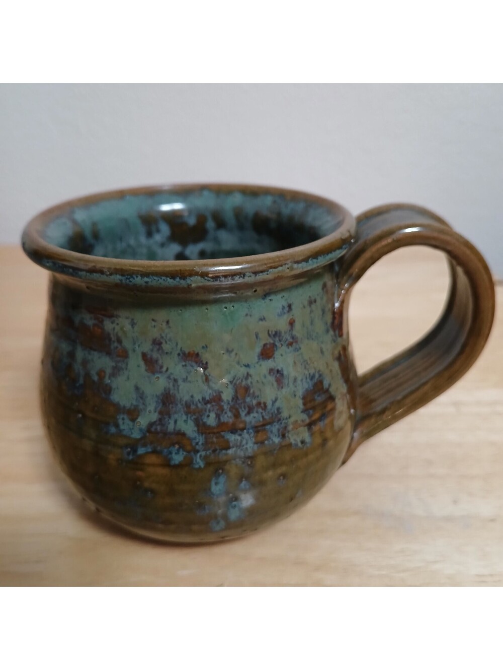 Handmade Studio Art Pottery Mug Signed Rustic Sage Green & Brown Textured Glaze
